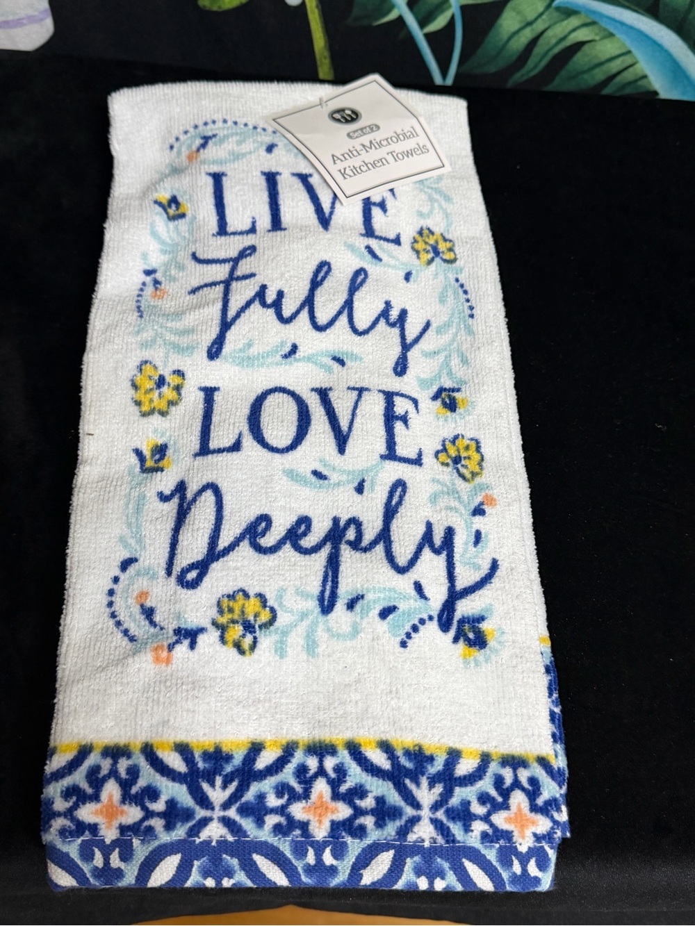 Kitchen Towel - Live Fully Love Deeply, White with Blue & Yellow